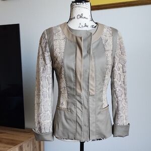 NWOT Elie Tahari Womens Snake Embossed Leather Suede Panel Jacket Tan Be…